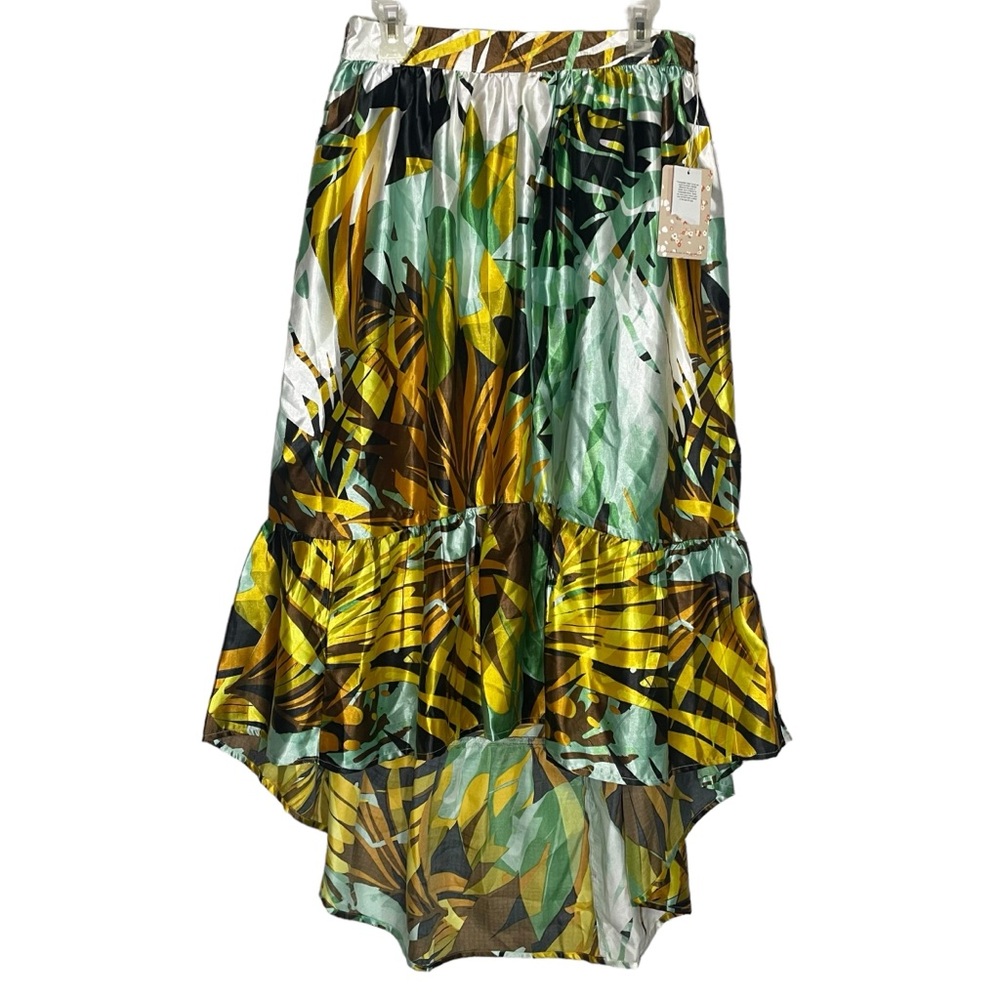 Her Destiny Tropical Floral Palm Leaf Print Satin High Low Maxi Skirt Flowy